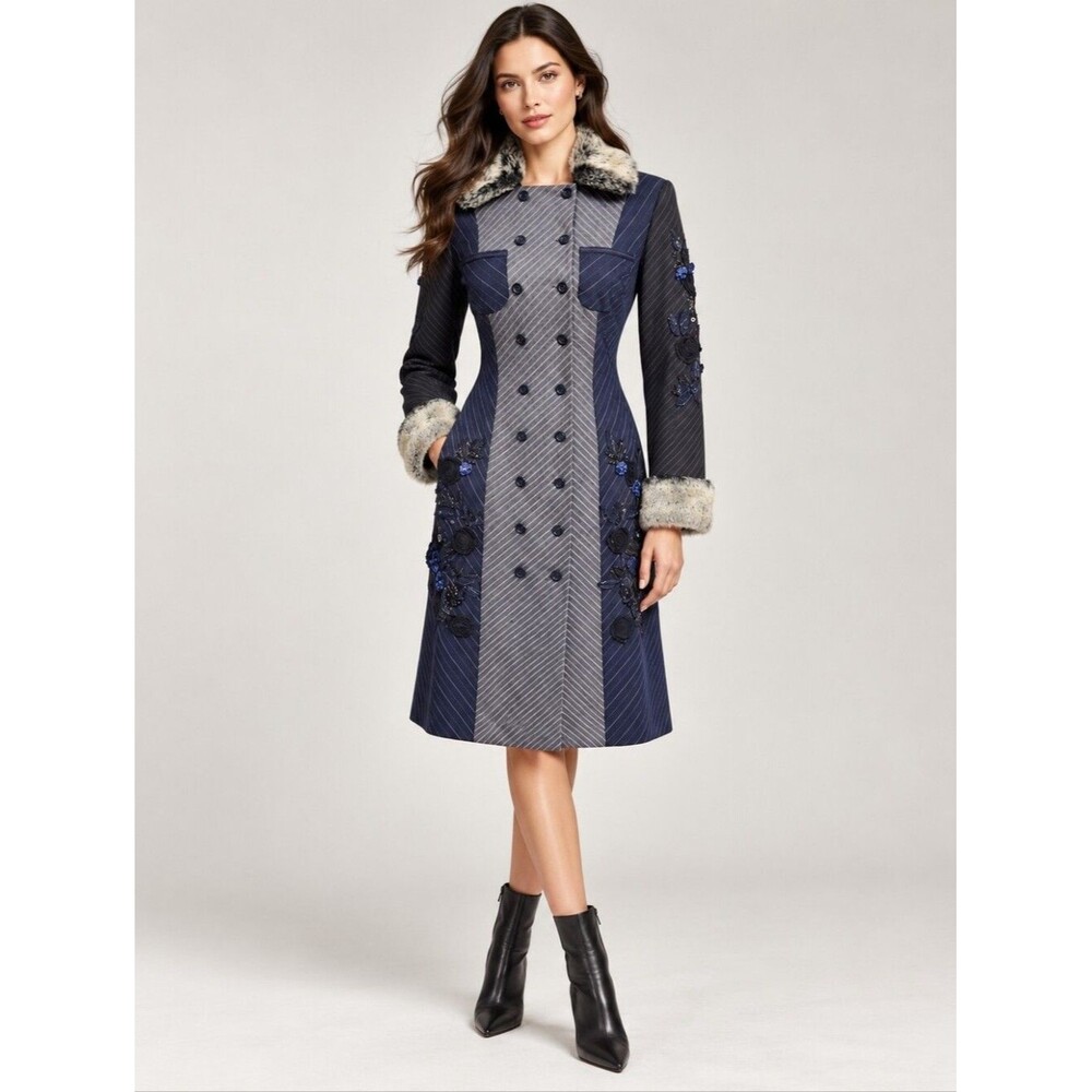 Vintage EUC Sue Wong stripped 3D floral embroidered faux fur colorblock pea coat
